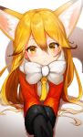  1girl animal_ears blush bow bowtie coat commentary eyebrows_visible_through_hair ezo_red_fox_(kemono_friends) fox_ears fox_tail fur_trim gloves kemono_friends long_hair long_sleeves lying necktie on_stomach orange_hair pluieami solo symbol_commentary tail yellow_eyes 