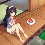  1girl absurdres bangs barefoot black_hair blue_shirt brown_eyes casual closed_mouth commentary curcumin eyebrows_visible_through_hair food fruit girls_und_panzer grass hairband highres holding holding_food long_hair looking_at_viewer reizei_mako shadow shirt short_sleeves shorts sitting sliding_doors smile solo summer tatami watermelon white_hairband white_shorts wooden_floor 