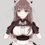  1girl apron bangs blush breasts brown_gloves brown_hair brown_skirt center_frills chisumi closed_mouth commentary_request elbow_gloves eyebrows_visible_through_hair frilled_apron frills gloves green_eyes grey_background hands_up headset heart heart_hands highres horns large_breasts long_hair maid_headdress original pointy_ears puffy_short_sleeves puffy_sleeves short_sleeves simple_background skirt smile solo very_long_hair waist_apron white_apron 