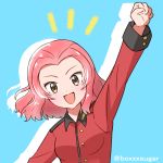  1girl :d arm_up blue_background brown_eyes clenched_hand commentary epaulettes girls_und_panzer jacket kakuzatou_(boxxxsugar) long_sleeves looking_at_viewer military military_uniform notice_lines open_mouth raised_fist red_jacket redhead rosehip short_hair silhouette simple_background smile solo st._gloriana&#039;s_military_uniform standing twitter_username uniform upper_body 