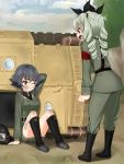  2girls anchovy angry anzio_military_uniform arm_behind_head arm_support bangs belt black_footwear black_ribbon black_shirt boots carro_veloce_cv-33 clenched_hand clouds cloudy_sky commentary_request crash day dirty_face dress_shirt drill_hair eyebrows_visible_through_hair from_behind frown girls_und_panzer green_hair grey_jacket grey_pants grey_skirt grimace ground_vehicle hair_ribbon highres jacket knee_boots long_hair long_sleeves looking_at_another military military_uniform military_vehicle miniskirt motor_vehicle multiple_girls one_eye_closed open_mouth outdoors pants partial_commentary pencil_skirt pepperoni_(girls_und_panzer) red_eyes ribbon ruka_(piyopiyopu) sam_browne_belt shirt short_hair shouting sitting skirt sky standing tank twin_drills twintails uniform wing_collar 