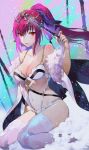  1girl absurdres bangs bare_shoulders blush bow bra breasts brown_eyes cleavage collarbone fate/grand_order fate_(series) fur_trim hair_bow high_ponytail highres holding holding_wand lance navel panties parted_lips pink_lips polearm purple_bow purple_hair salmon88 scathach_(fate)_(all) scathach_skadi_(fate/grand_order) sitting snow thigh-highs tiara underwear wand wariza weapon white_bra white_legwear white_panties 