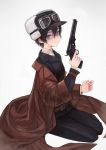  1girl androgynous bangs belt belt_buckle black_hair black_jacket black_pants blue_eyes buckle collared_shirt fur_hat goggles goggles_on_headwear grey_background gun hair_between_eyes handgun hat holding holding_weapon jacket kino kino_no_tabi long_sleeves looking_at_viewer looking_to_the_side nose oversized_clothes pants reverse_trap revolver shirt shirt_under_jacket short_hair simple_background sitting solo trench_coat visible_ears weapon white_pupils white_shirt window1228 yokozuwari 