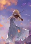  1girl blonde_hair blue_sky collarbone copyright_name day dress floating_hair grey_dress highres holding holding_instrument instrument long_dress long_hair miyazono_kawori music outdoors petals playing_instrument see-through_silhouette shigatsu_wa_kimi_no_uso sky sleeveless sleeveless_dress solo standing sundress violin wujia_xiaozi 