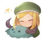  1girl babe_(fate) beret blonde_hair blush bull closed_eyes fate/grand_order fate_(series) green_hat hat holy_grail_(fate) paul_bunyan_(fate/grand_order) short_hair simple_background smile teko upper_body white_background 
