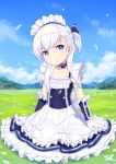  1girl :o apron azur_lane belchan_(azur_lane) belfast_(azur_lane) blue_dress blue_ribbon blue_sky bow braid clouds commentary_request day dress elbow_gloves field freonclayr frilled_apron frills gloves grass hair_ribbon head_tilt long_hair maid_headdress mountain on_grass one_side_up outdoors parted_lips ribbon sidelocks silver_hair sitting sky sleeveless sleeveless_dress solo striped striped_ribbon waist_apron white_apron white_bow white_gloves 