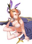  1girl bare_shoulders bikini breasts brown_hair cape cleavage collarbone granblue_fantasy hair_bun hair_ornament navel red_eyes sandals sitting smile solo song_(granblue_fantasy) swimsuit thigh_strap ya99ru yokozuwari 