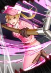  1girl action akatsuki_(kuon) baseball_cap belt black_gloves blonde_hair boots breasts collared_shirt cross-laced_footwear eosinophil_(hataraku_saibou) fur-trimmed_hat gloves hat hataraku_saibou highres jacket looking_at_viewer medium_breasts open_mouth pants shirt short_hair solo twintails twitter_username weapon yellow_eyes 