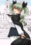  1girl anchovy anzio_school_uniform bangs belt black_belt black_cape black_ribbon black_skirt cape commentary cowboy_shot dress_shirt drill_hair eyebrows_visible_through_hair girls_und_panzer green_hair hair_ribbon hanchou_(shirokun555) holding italy long_hair long_sleeves looking_at_viewer looking_back miniskirt open_mouth pantyhose partially_colored pleated_skirt real_world_location red_eyes ribbon riding_crop rome school_uniform shirt skirt smile solo standing twin_drills twintails white_legwear white_shirt 