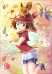  :d animal animal_on_head artist_name beautifly bike_shorts blue_eyes blue_shorts brown_hair chinchongcha dress_shirt eevee floating_hair gloves grey_gloves haruka_(pokemon) hat long_hair miniskirt on_head open_mouth poke_ball pokeball_symbol pokemon pokemon_(creature) pokemon_(game) pokemon_rse red_hat red_shirt shiny shiny_hair shirt short_shorts short_sleeves shorts shorts_under_skirt skirt skitty smile torchic v white_skirt 