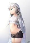  1girl 2018 ahoge belt black_shorts blue_eyes breasts cowboy_shot crop_top dated floating_hair gradient gradient_background grey_background highres ia_(vocaloid) leaning_forward long_hair midriff navel open_mouth overlord_(overlord80000) shirt short_shorts shorts signature silver_hair small_breasts solo standing stomach twintails very_long_hair vocaloid white_shirt 