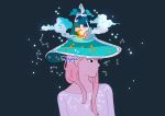  1girl artist_name black_background black_eyes clouds constellation crescent_moon hat long_hair looking_to_the_side meyoco moon night night_sky original pink_hair portrait simple_background sky solo star star_(sky) water witch_hat 