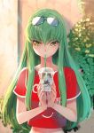  1girl blurry blush c.c. code_geass commentary_request creayus depth_of_field drinking drinking_straw eyebrows_visible_through_hair eyewear_on_head green_hair holding long_hair looking_down looking_to_the_side midriff outdoors red_shirt shirt short_sleeves solo sweat upper_body yellow_eyes 