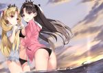 2girls ass bangs bikini black_bikini black_hair black_ribbon blonde_hair blush bow breast_press cape clouds cloudy_sky commentary_request cowboy_shot crown detached_collar earrings ereshkigal_(fate/grand_order) eyebrows_visible_through_hair fate/grand_order fate_(series) from_behind from_below fur-trimmed_cape fur_trim hair_grab heavenly_boat_maanna highres hoop_earrings ishtar_(fate/grand_order) jacket jewelry looking_at_viewer mafu9 midriff multiple_girls navel neck_ring open_mouth outdoors parted_bangs pink_jacket purple_bow red_eyes ribbon sky sunset swimsuit symmetrical_docking thighs two_side_up wavy_mouth 