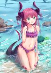  1girl :d absurdres animal asymmetrical_horns bangs bare_legs bare_shoulders barefoot bikini black_ribbon blue_eyes blush collarbone commentary_request curled_horns day dragon_girl dragon_horns dragon_tail elizabeth_bathory_(fate) elizabeth_bathory_(fate)_(all) eyebrows_visible_through_hair fang fate/extra fate/extra_ccc fate_(series) frilled_bikini frills hair_between_eyes hair_ribbon halter_top halterneck highres horns kneeling long_hair navel open_mouth outdoors pink_hair polka_dot polka_dot_bikini purple_bikini ribbon rock smile sog-igeobughae solo swimsuit tail turtle two_side_up v-shaped_eyebrows very_long_hair water 