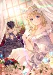  2girls apple bare_shoulders black_dress black_gloves black_wedding_dress blonde_hair blush breasts bridal_veil cleavage cleavage_cutout commentary_request dress elbow_gloves fate/grand_order fate_(series) flower food frilled_dress frills fruit gloves grapes hair_flower hair_ornament hair_over_shoulder highres iroha_(shiki) jeanne_d&#039;arc_(alter)_(fate) jeanne_d&#039;arc_(fate) jeanne_d&#039;arc_(fate)_(all) large_breasts long_hair looking_at_viewer multiple_girls silver_hair singe_braid sitting smile strapless strapless_dress veil violet_eyes wedding_dress white_dress window yellow_eyes 