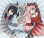  1girl 2boys arm_up bangs black_hair black_legwear blonde_hair blue_eyes commentary_request couple darling_in_the_franxx dragon_ball dragonball_z eyebrows_visible_through_hair finger_touching fusion_dance glasses gorou_(darling_in_the_franxx) green_eyes hair_ornament hairband hetero hiro_(darling_in_the_franxx) horns leaning_to_the_side long_hair long_sleeves looking_at_another looking_at_viewer military military_uniform multiple_boys necktie oni_horns pantyhose parody pink_hair red_horns red_neckwear short_hair style_parody sweat uniform val_(escc4347) white_hairband zero_two_(darling_in_the_franxx) 