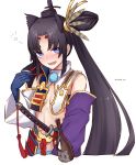  1girl :d armor bangs bare_shoulders black_hair black_hat blue_eyes blue_gloves blush bottle breasts cropped_torso detached_collar detached_sleeves eyebrows_visible_through_hair facial_mark fate/grand_order fate_(series) forehead_mark gloves hair_bun hair_ornament hand_up hat head_tilt japanese_armor katana kusazuri long_hair long_sleeves looking_at_viewer mismatched_sleeves nose_blush open_mouth parted_bangs pom_pom_(clothes) rope scabbard sheath sheathed side_ponytail sideboob simple_background small_breasts smile solo sword tassel thick_eyebrows twitter_username upper_body ushiwakamaru_(fate/grand_order) weapon white_background wide_sleeves yukihama 