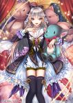  1girl :d blue_dress blue_ribbon copyright_name dress goblin hair_ribbon hand_on_own_chest heart interitio looking_at_viewer official_art on_bed open_mouth pink_eyes ribbon sid_story silver_hair smile solo stuffed_animal stuffed_toy teddy_bear thigh-highs 