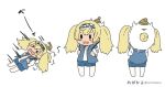  1girl artist_name blonde_hair blue_shorts chibi commentary_request enemy_lifebuoy_(kantai_collection) falling gambier_bay_(kantai_collection) hairband kantai_collection long_hair megahiyo multiple_views open_mouth pantyhose shorts simple_background smile solid_oval_eyes twintails vest white_background white_legwear 