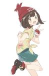  1girl beanie black_hair from_side green_shorts hat holding holding_poke_ball iovebly leg_up looking_to_the_side mizuki_(pokemon) open_mouth poke_ball pokemon pokemon_(game) pokemon_sm red_hat shirt short_hair short_sleeves shorts simple_background solo tied_shirt white_background 