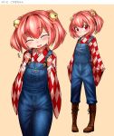  adapted_costume bell boots brown_footwear cross-laced_footwear denim eyebrows_visible_through_hair eyewear_removed hair_bell hair_ornament lace-up_boots long_sleeves motoori_kosuzu overalls pink_hair red_eyes shimizu_pem simple_background touhou 