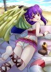  1girl ass beach bikini day dragon_wings fire_emblem fire_emblem:_seima_no_kouseki highres innertube looking_back lying mamkute multi-tied_hair myrrh on_stomach open_mouth purple_hair red_eyes solo swimsuit the-sinner twintails water wings wristband 