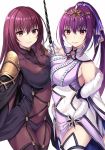  2girls bangs bare_shoulders blush bodysuit breast_press breasts closed_mouth collarbone covered_navel dress fate/grand_order fate_(series) fur_trim hair_between_eyes hair_ribbon harimoji hips large_breasts long_hair looking_at_viewer multiple_girls parted_lips pauldrons ponytail purple_bodysuit purple_dress purple_hair purple_ribbon red_eyes ribbon scathach_(fate)_(all) scathach_(fate/grand_order) scathach_skadi_(fate/grand_order) simple_background smile symmetrical_docking thighs tiara wand white_background 