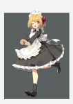  1girl ;d ahoge alternate_costume apron bangs black_dress black_footwear blonde_hair border breasts commentary_request dress enmaided eyebrows_visible_through_hair frilled_apron frills full_body grey_background grey_border grey_legwear hair_ribbon highres long_sleeves looking_at_viewer maid maid_apron maid_headdress medium_breasts one_eye_closed open_mouth petticoat red_eyes red_ribbon ribbon rumia running sh_(562835932) shoes simple_background smile socks solo touhou white_apron wing_collar 