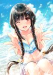  1girl ;d bangs bikini_skirt black_hair blue_bikini_top blue_sky blunt_bangs blurry blurry_background bow braid breasts brown_eyes cleavage collarbone day dutch_angle eyebrows_visible_through_hair floating_hair hair_bow highres kazuharu_kina long_hair looking_at_viewer medium_breasts navel one_eye_closed open_mouth original outdoors shiny shiny_hair signature skirt sky smile solo twin_braids twintails very_long_hair white_skirt yellow_bow 