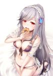  1girl alternate_costume anchor_symbol azur_lane bangs between_legs bikini blush braid breasts butterfly_hair_ornament choker cleavage closed_mouth collarbone crown_braid doughnut dunkerque_(azur_lane) eyebrows_visible_through_hair flower food front-tie_top grey_hair hair_ornament hairband hand_between_legs headdress holding holding_food kneeling kurenai_musume large_breasts long_hair looking_at_viewer navel open_mouth partially_submerged pink_eyes ponytail purple_bikini ripples sandals see-through shirt sidelocks solo swimsuit thighs wet white_shirt 