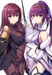  2girls bangs bare_shoulders blush bodysuit breast_press breasts closed_mouth collarbone covered_navel cowboy_shot dress fate/grand_order fate_(series) fur_trim hair_between_eyes hair_ribbon harimoji hips large_breasts long_hair looking_at_viewer multiple_girls parted_lips pauldrons ponytail purple_bodysuit purple_dress purple_hair purple_ribbon red_eyes ribbon scathach_(fate)_(all) scathach_(fate/grand_order) scathach_skadi_(fate/grand_order) shoulder_armor simple_background smile symmetrical_docking thighs tiara wand white_background 
