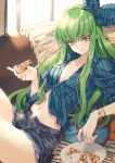  1girl :p bangs blue_shirt blush bow bracelet breasts c.c. cleavage closed_mouth code_geass collarbone collared_shirt creayus eyebrows_visible_through_hair food green_hair hair_bow hair_ornament jewelry legs_up long_hair looking_at_viewer medium_breasts nail_polish navel open_fly pizza ring shirt short_shorts shorts sleeve_cuffs solo striped striped_shirt tongue tongue_out yellow_eyes 