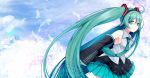  1girl ahoge aqua_eyes aqua_hair aqua_neckwear aqua_skirt bare_shoulders black_skirt blue_sky breasts clouds commentary_request cowboy_shot day detached_sleeves earphones eyebrows_visible_through_hair feathers grey_vest hair_between_eyes hatsune_miku leaning_forward long_hair long_sleeves looking_at_viewer miniskirt musical_note necktie pleated_skirt skirt sky small_breasts smile solo staff_(music) standing twintails utakata_(kochou_no_yume) very_long_hair vest vocaloid wide_sleeves wing_collar 