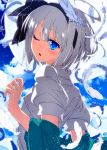  1girl ahoge blouse blue_eyes colored_eyelashes feathers hairband highres konpaku_youmu looking_at_viewer looking_back one_eye_closed parted_lips sazanami_mio short_sleeves silver_hair solo touhou upper_body white_blouse 
