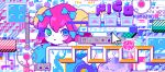  1girl abstract blue_bow blue_eyes blush bomb bow buttons cursor eighth_note game_boy green_eyes hair_between_eyes hair_bow hammer handheld_game_console icon m7kenji musical_note original pixel_art redhead short_hair solo translated 