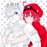  1boy 1girl ae-3803 ahoge baseball_cap beret black_eyes collared_shirt gloves hair_over_one_eye hat hataraku_saibou heart_ahoge hug hug_from_behind jacket looking_at_viewer name_tag no_pupils polka_dot polka_dot_background red_blood_cell_(hataraku_saibou) redhead shirt short_hair suno_(snocotan) twitter_username u-1146 white_blood_cell_(hataraku_saibou) white_gloves white_hair white_skin yellow_eyes 