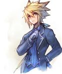  1boy alternate_costume animal_ears arm_behind_back blonde_hair blue_eyes butler chung_seiker closed_mouth cropped_torso elsword formal gloves hand_on_own_chest looking_at_viewer male_focus simple_background solo spiky_hair suit tactical_trooper_(elsword) wanko_(takohati8) white_background white_gloves 