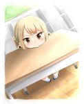  1girl absurdres angry bangs blonde_hair blush child desk highres ichii_yui looking_at_viewer low_twintails mokonekosan pout school_desk shoes short_hair sitting socks solo twintails white_legwear wooden_floor yellow_eyes younger yuyushiki 