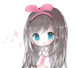  1girl a.i._channel bangs blue_eyes blush brown_hair chibi cottontailtokki detached_sleeves drooling eyebrows_visible_through_hair hair_between_eyes hair_ribbon hairband hands_up kizuna_ai long_hair long_sleeves looking_at_viewer open_mouth pink_hairband pink_ribbon ribbon sailor_collar shirt simple_background sleeveless sleeveless_shirt solo sparkle very_long_hair virtual_youtuber white_background white_sailor_collar white_shirt 