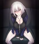  1girl ahoge blush breasts breath casual fate/grand_order fate_(series) fur_trim highres jeanne_d&#039;arc_(alter)_(fate) jeanne_d&#039;arc_(fate)_(all) jewelry large_breasts necklace sitting solo spread_legs sweat un white_hair yellow_eyes 