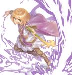  1girl :d bangs blonde_hair blunt_bangs bob_cut boots bracer brown_footwear cape eyebrows_visible_through_hair full_body golden_sun green_eyes highres holding holding_staff leg_up monosenbei open_mouth purple_cape shiba_(golden_sun) short_hair simple_background smile solo staff teeth v-shaped_eyebrows white_background 