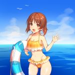  1girl :d absurdres bangs bikini bird blue_sky breasts brown_eyes brown_hair cleavage clouds cloudy_sky commentary cowboy_shot curcumin day eyebrows_visible_through_hair frilled_bikini frills girls_und_panzer groin highleg highleg_bikini highres holding holding_innertube innertube looking_at_viewer medium_breasts navel nishizumi_miho ocean open_mouth outdoors seagull short_hair sky smile solo standing swimsuit wading wet yellow_bikini 