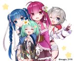  4girls :d ;) ahoge aqua_hair artist_name black_skirt blue_eyes blue_hair braid character_request closed_eyes corset double_bun facing_viewer fingerless_gloves flower gloves grey_hair hair_flower hair_ornament hakuari_(hina) hands_up hug hug_from_behind looking_at_viewer magia_record:_mahou_shoujo_madoka_magica_gaiden mahou_shoujo_madoka_magica multiple_girls natsume_kako one_eye_closed open_mouth pink_eyes pink_hair short_hair skirt smile standing star star_hair_ornament twin_braids 