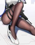  1girl arm_support assault_rifle bangs black_legwear blue_hair bow bowtie breasts bullpup cleavage closed_mouth eyebrows_visible_through_hair fingerless_gloves girls_frontline gloves gun hayabusa highres imi_tavor_tar-21 jacket knee_up large_breasts leotard long_hair looking_at_viewer pantyhose rifle shoes sidelocks sitting smile solo tar-21_(girls_frontline) thigh_strap very_long_hair weapon white_footwear white_leotard white_neckwear yellow_eyes 