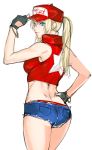  1girl ass bare_shoulders baseball_cap blonde_hair blue_eyes breasts cropped_jacket denim denim_shorts fingerless_gloves from_behind genderswap genderswap_(mtf) gloves hat hat_tip highres king_of_fighters lips looking_back ponytail short_shorts shorts simple_background sleeveless snk snk_heroines:_tag_team_frenzy solo terry_bogard tetsu_(kimuchi) white_background 