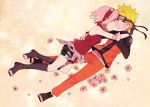  1boy 1girl bad_id bad_pixiv_id bike_shorts breasts facial_mark forehead_protector haruno_sakura konohagakure_symbol naruto naruto_(series) naruto_shippuuden ninja pink_hair sera_(serappi) short_hair socks spiky_hair uzumaki_naruto whisker_markings 