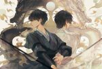  2boys arm_wrap black_eyes black_hair black_robe chinese_clothes choi_han concentrating dragon dual_persona eastern_dragon highres korean_commentary lout_of_count&#039;s_family male_focus mua multiple_boys robe short_hair simple_background upper_body white_robe 