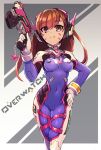  1girl bangs bodysuit breasts brown_eyes brown_hair chingisu copyright_name d.va_(overwatch) eyebrows_visible_through_hair facepaint finger_on_trigger gloves gun hand_on_hip headset holding holding_gun holding_weapon long_hair long_sleeves looking_at_viewer medium_breasts overwatch purple_bodysuit rabbit ribbed_bodysuit smile solo thigh_strap turtleneck weapon white_gloves 