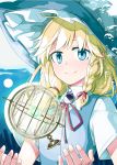  1girl alternate_eye_color blonde_hair blue_eyes braid bubble commentary cover cover_page globe hair_ribbon hat kirisame_marisa looking_at_viewer neck_ribbon night night_sky ribbon sakuraba_yuuki single_braid sky smile solo touhou upper_body vest witch_hat 